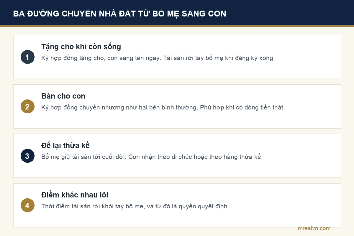 Ba đường bố mẹ chuyển nhà đất cho con: tặng cho khi còn sống, bán cho con, và để lại thừa kế; mỗi đường khác nhau ở thời điểm tài sản rời tay bố mẹ