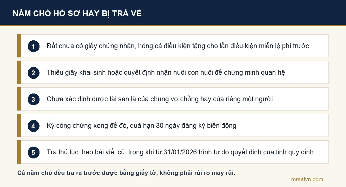 Năm chỗ hồ sơ tặng cho nhà đất giữa bố mẹ và con hay bị trả về: đất chưa có giấy chứng nhận, thiếu giấy tờ chứng minh quan hệ cha mẹ con, chưa rõ tài sản chung hay riêng, ký công chứng xong để quá 30 ngày, và tra thủ tục theo bài viết cũ