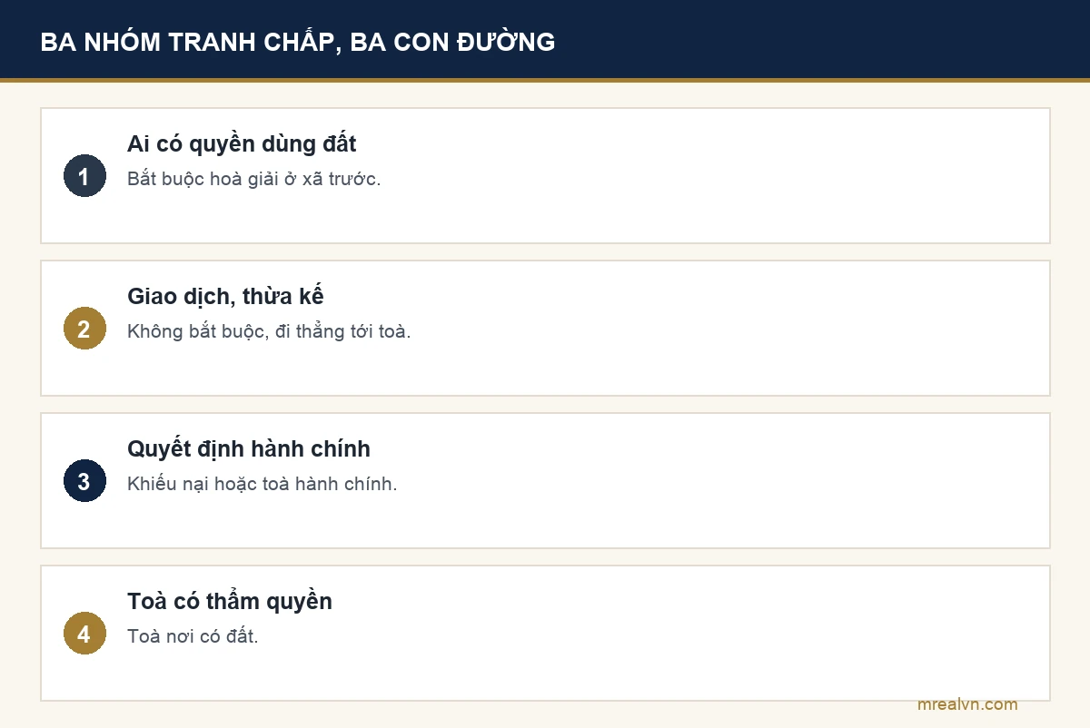 Ba nhóm tranh chấp đất đai: ai có quyền sử dụng đất phải hoà giải ở xã, giao dịch và thừa kế không bắt buộc hoà giải, quyết định hành chính thì khiếu nại hoặc khởi kiện hành chính