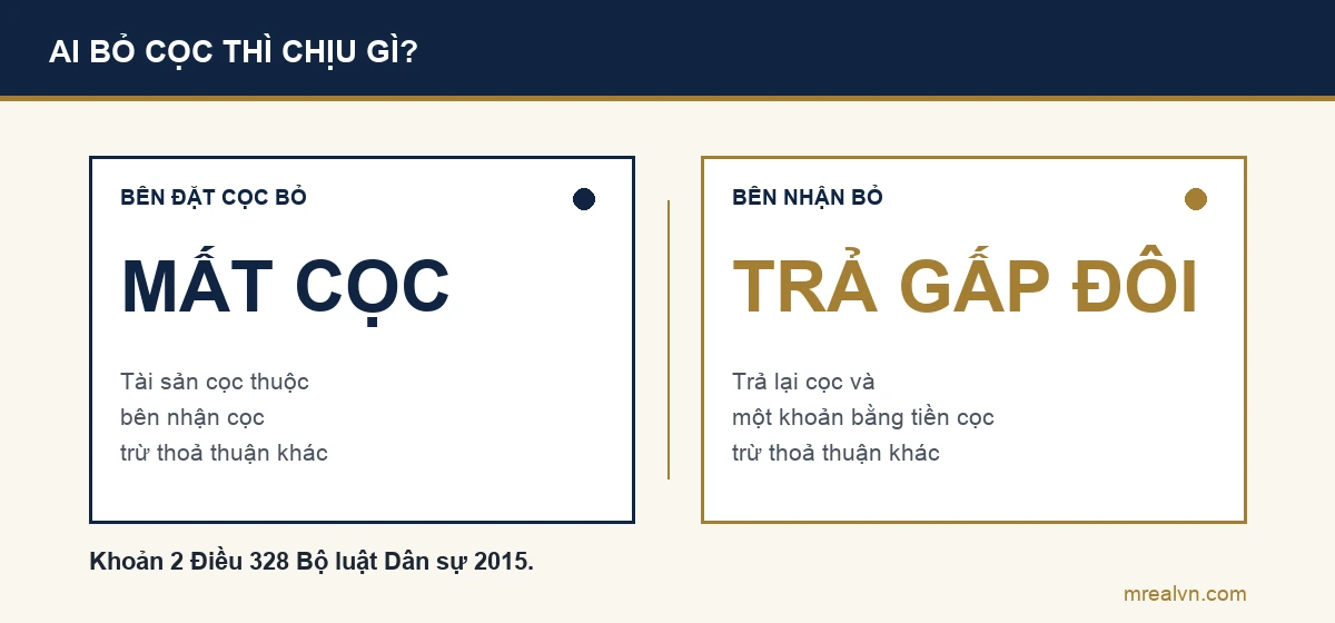So sánh hệ quả đặt cọc theo khoản 2 Điều 328 Bộ luật Dân sự: bên đặt cọc từ chối thì mất cọc, bên nhận cọc từ chối thì trả cọc và thêm một khoản bằng tiền cọc