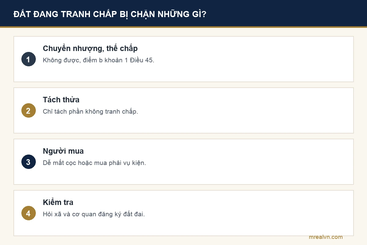 Hệ quả khi đất đang tranh chấp: không chuyển nhượng, tặng cho, thế chấp được, không tách thửa phần đang tranh chấp, người mua dễ mua phải vụ kiện