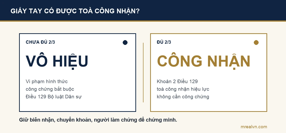 So sánh giao dịch đất bằng giấy tay: đã thực hiện ít nhất hai phần ba nghĩa vụ thì toà có thể công nhận hiệu lực, chưa đủ thì giao dịch vô hiệu về hình thức theo Điều 129 Bộ luật Dân sự