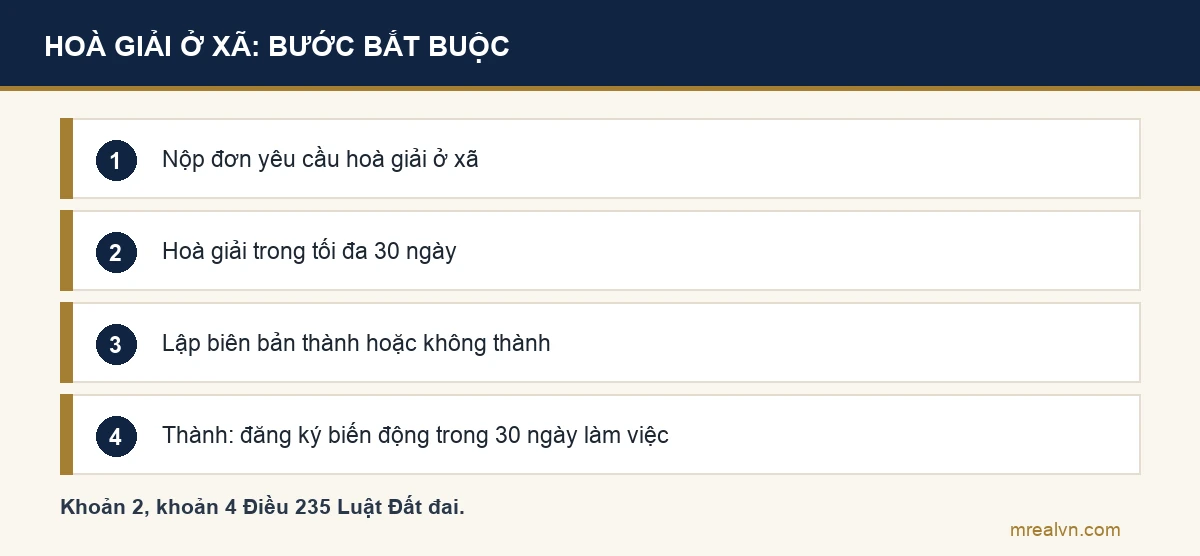 Bốn bước hoà giải tranh chấp ranh giới tại ủy ban nhân dân xã theo Điều 235 Luật Đất đai: nộp đơn, hoà giải không quá 30 ngày, lập biên bản, hoà giải thành thì đăng ký biến động
