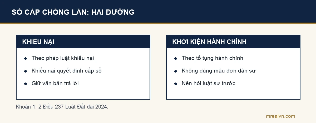 Hai đường khi sổ đỏ cấp chồng lấn theo Điều 237 Luật Đất đai: khiếu nại quyết định hành chính theo pháp luật khiếu nại, hoặc khởi kiện vụ án hành chính