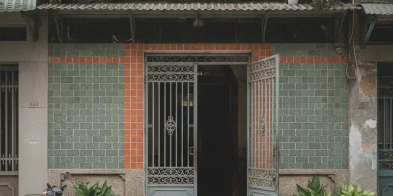 Mặt tiền một căn nhà phố trong hẻm tại TP.HCM, cửa mở, nắng sáng chiếu vào