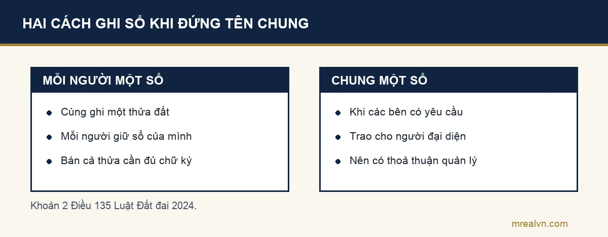 Hai cách cấp giấy chứng nhận khi nhiều người chung quyền sử dụng đất theo khoản 2 Điều 135 Luật Đất đai: mỗi người một sổ hoặc chung một sổ trao người đại diện
