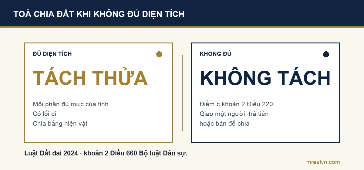 So sánh: đủ diện tích tối thiểu thì toà có thể chia bằng hiện vật tách thửa, không đủ thì không tách thửa mà giao một người nhận và trả tiền hoặc bán để chia