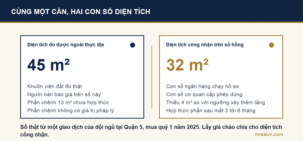 Bảng đối chiếu diện tích đo được ngoài thực địa và diện tích được công nhận trên sổ trong một giao dịch tại Quận 5