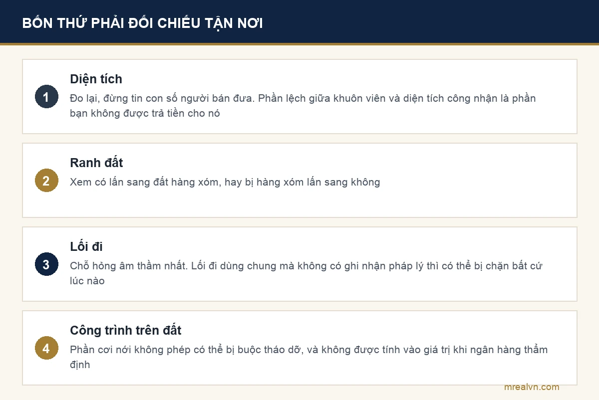 Sơ đồ bốn thứ phải đối chiếu giữa thực địa và sổ khi đi xem đất