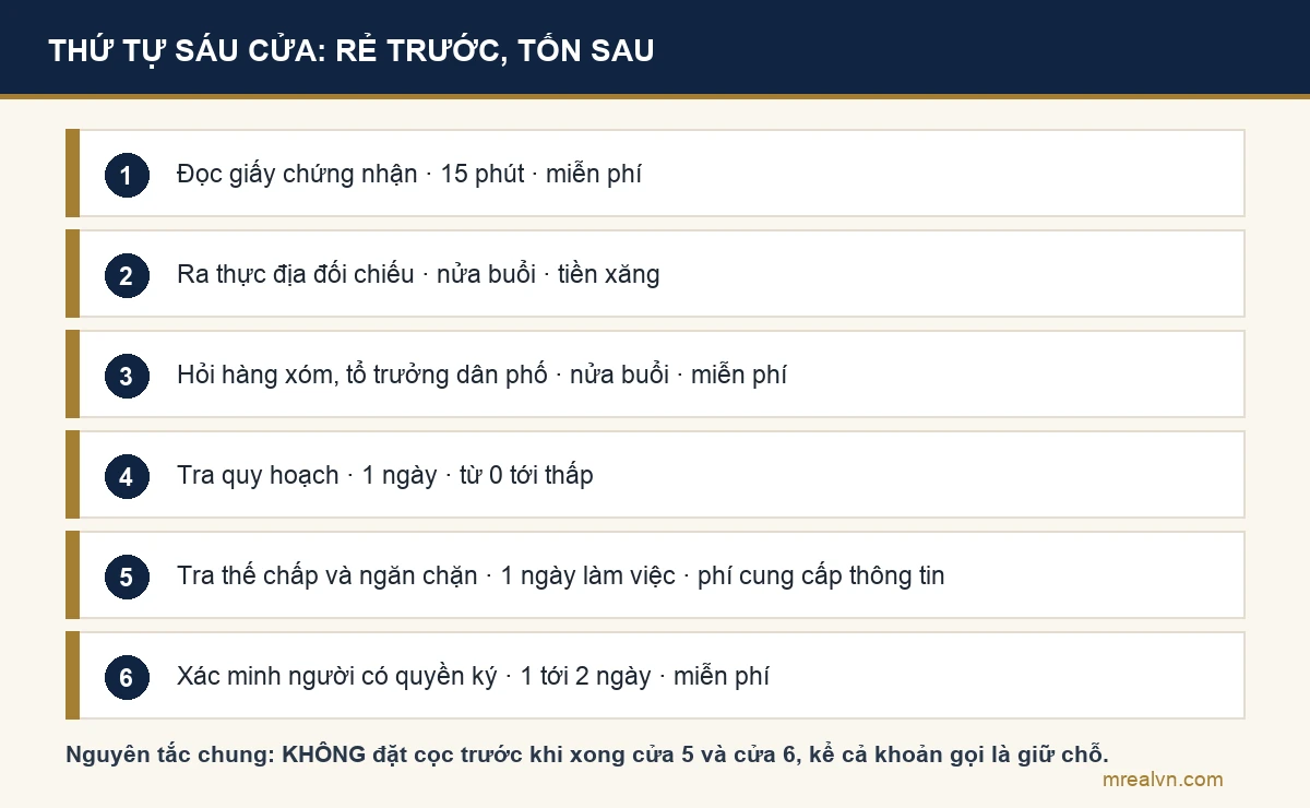 Sơ đồ thứ tự làm sáu cửa kiểm tra pháp lý nhà đất từ rẻ tới tốn kém