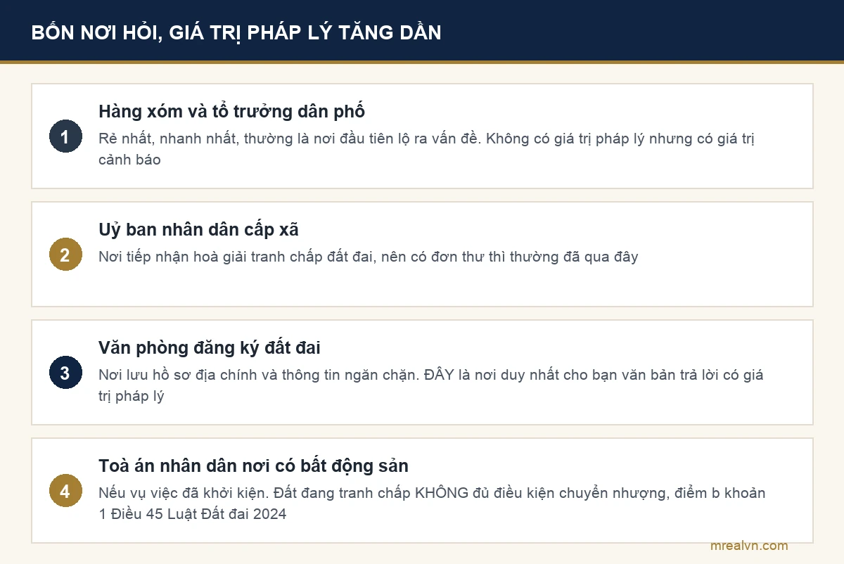 Sơ đồ bốn nơi hỏi được tình trạng tranh chấp của thửa đất, xếp theo giá trị pháp lý
