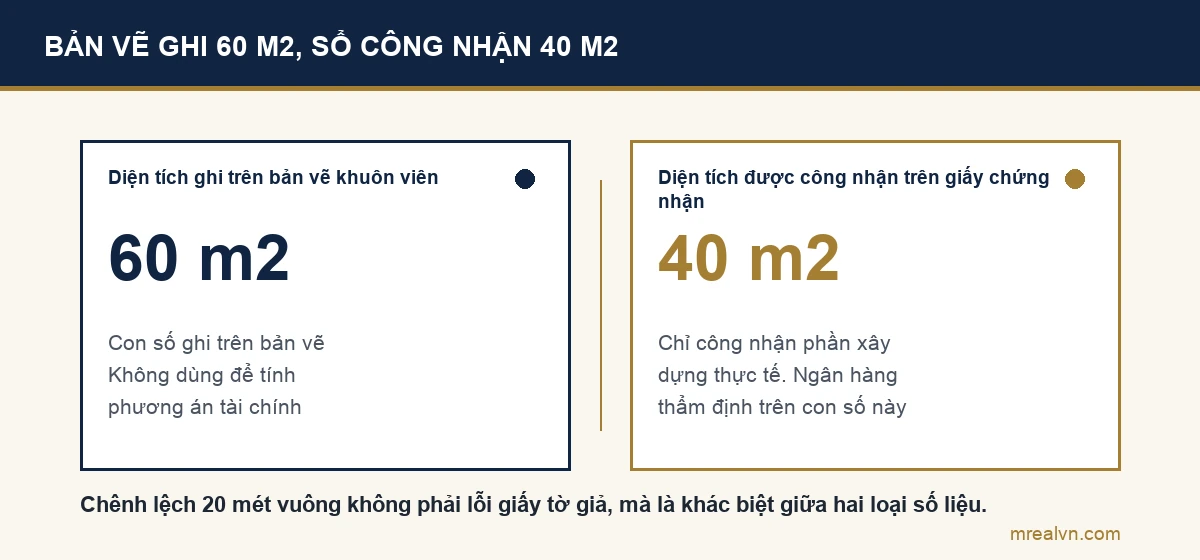 Bảng so sánh diện tích 60 mét vuông ghi trên bản vẽ và 40 mét vuông được công nhận trên sổ