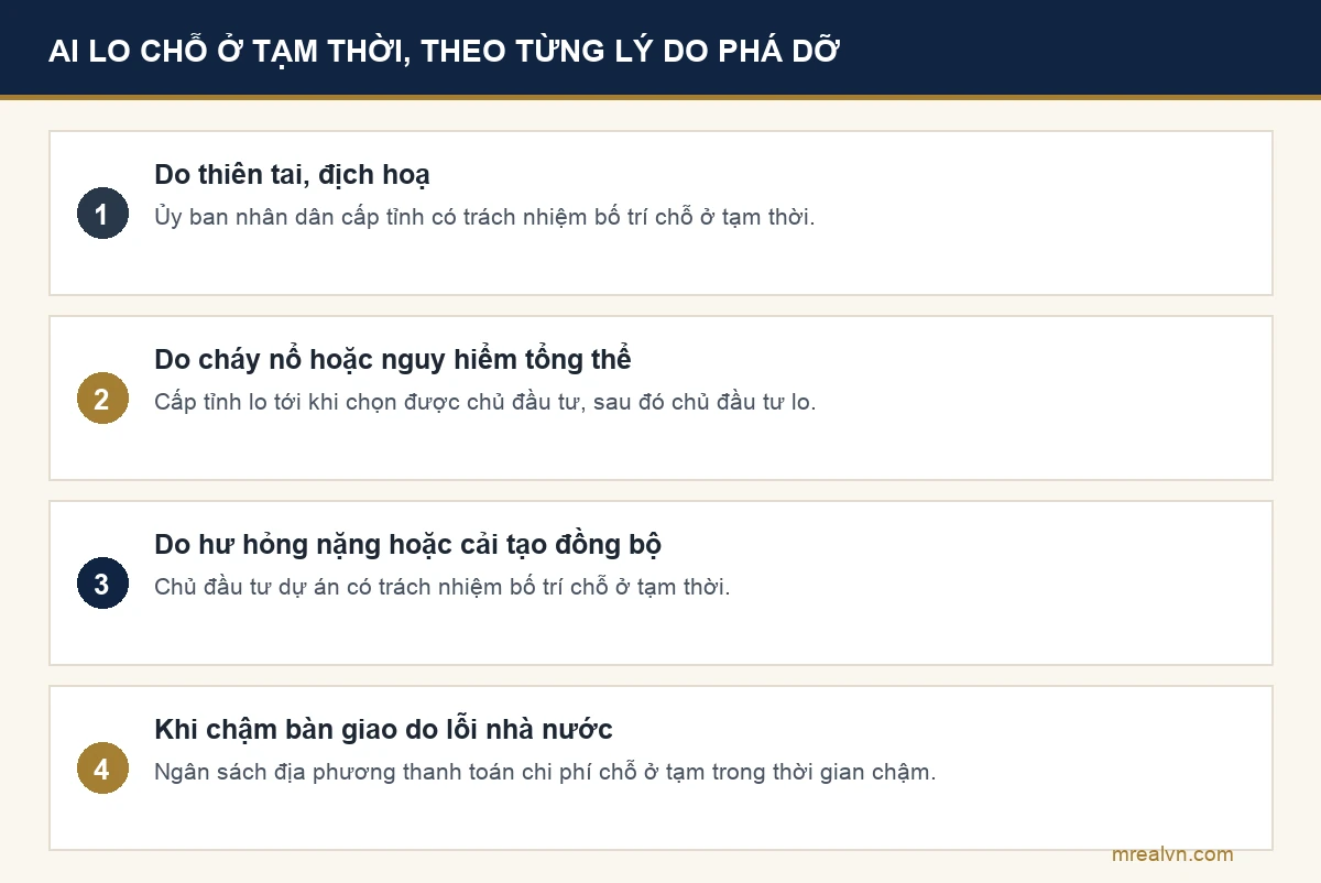 Bảng trách nhiệm bố trí chỗ ở tạm thời theo khoản 1 Điều 27 Nghị định 98/2024, chia theo lý do phá dỡ nhà chung cư