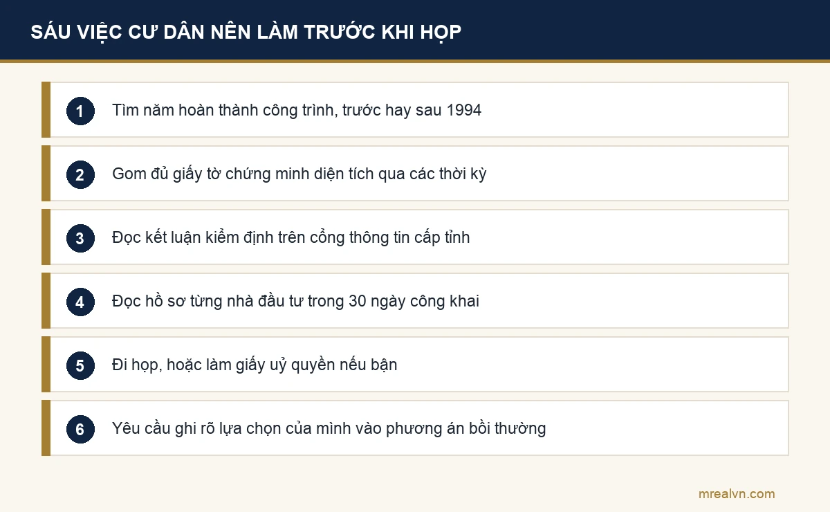 Sáu việc cư dân chung cư cũ nên làm trước cuộc họp chọn chủ đầu tư: tìm năm xây dựng, gom giấy tờ diện tích, đọc kết luận kiểm định, đọc hồ sơ nhà đầu tư, đi họp hoặc uỷ quyền, ghi lựa chọn vào phương án bồi thường