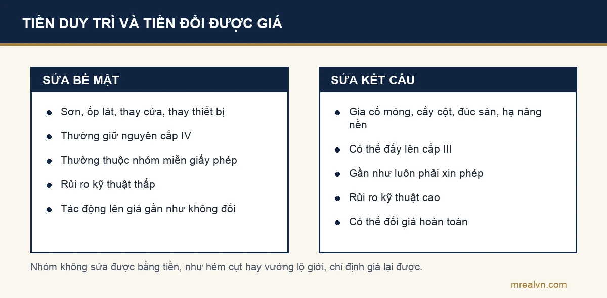 Sơ đồ hai cột đối chiếu sửa bề mặt và sửa kết cấu ở nhà một tầng