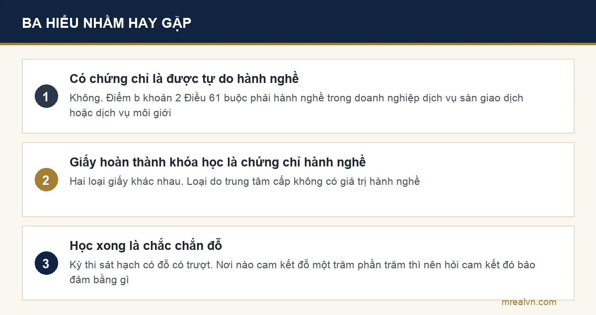 Sơ đồ ba hiểu nhầm hay gặp về chứng chỉ hành nghề môi giới bất động sản