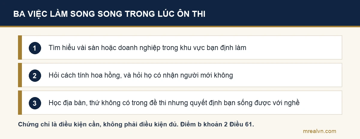 Sơ đồ ba việc nên làm song song trong lúc ôn thi chứng chỉ môi giới bất động sản