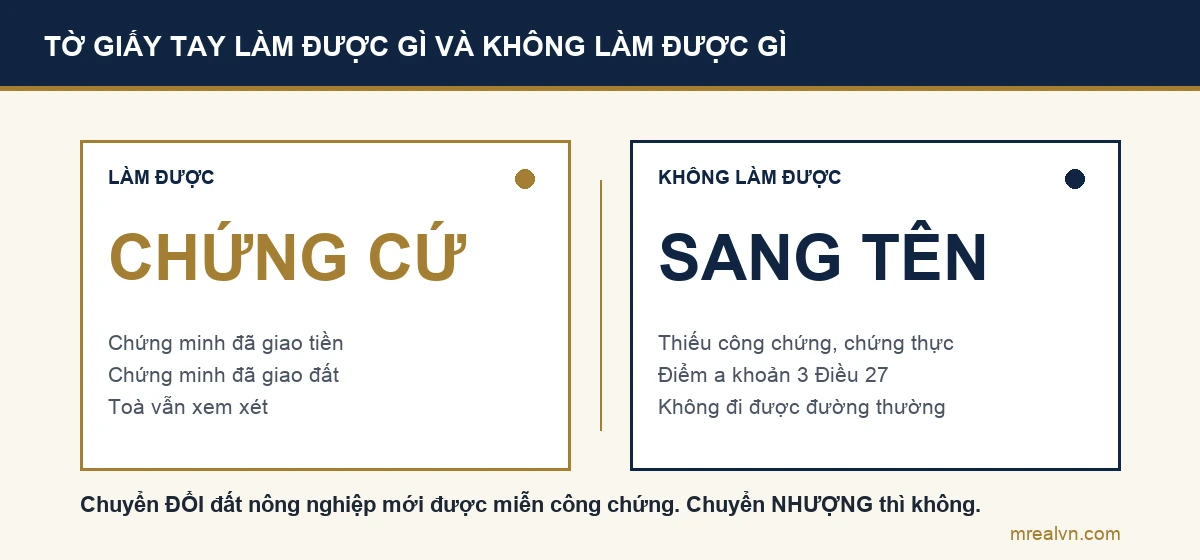 Sơ đồ so sánh hai mặt của giấy viết tay chuyển nhượng đất nông nghiệp: có giá trị làm chứng cứ trước toà nhưng không đủ để làm thủ tục sang tên vì vi phạm quy định bắt buộc công chứng tại điểm a khoản 3 Điều 27 Luật Đất đai