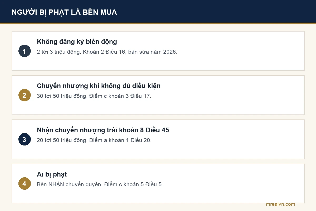 Ba mức phạt tiền với cá nhân trong lĩnh vực đất đai liên quan tới giao dịch giấy viết tay theo Nghị định 123/2024 và Nghị định 281/2026, gồm không đăng ký biến động, chuyển nhượng khi không đủ điều kiện, và nhận chuyển nhượng vi phạm khoản 8 Điều 45