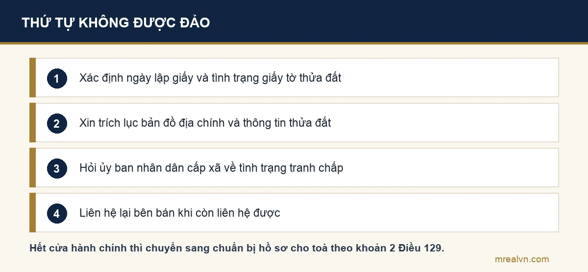Bốn bước đầu của quy trình xử lý một tờ giấy viết tay chuyển nhượng đất nông nghiệp: xác định ngày lập giấy, xin trích lục bản đồ địa chính, hỏi ủy ban nhân dân cấp xã về tranh chấp, rồi liên hệ lại bên bán khi còn liên hệ được