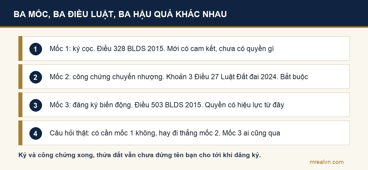 Trục thời gian ba mốc pháp lý: ký cọc, công chứng chuyển nhượng, đăng ký biến động