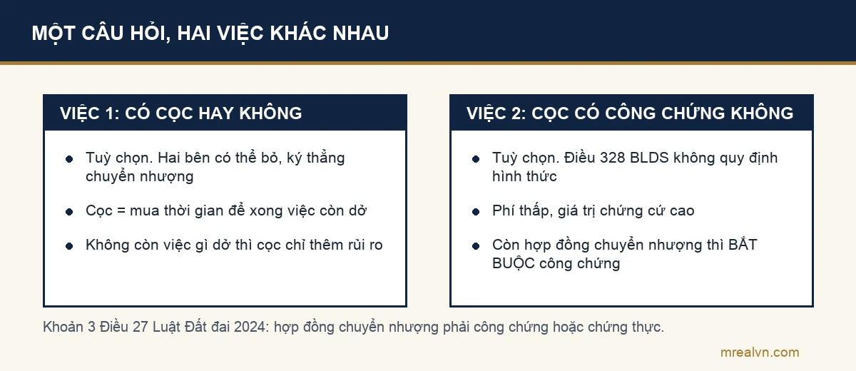 Sơ đồ tách hai việc: có đặt cọc hay không, và cọc có công chứng hay không