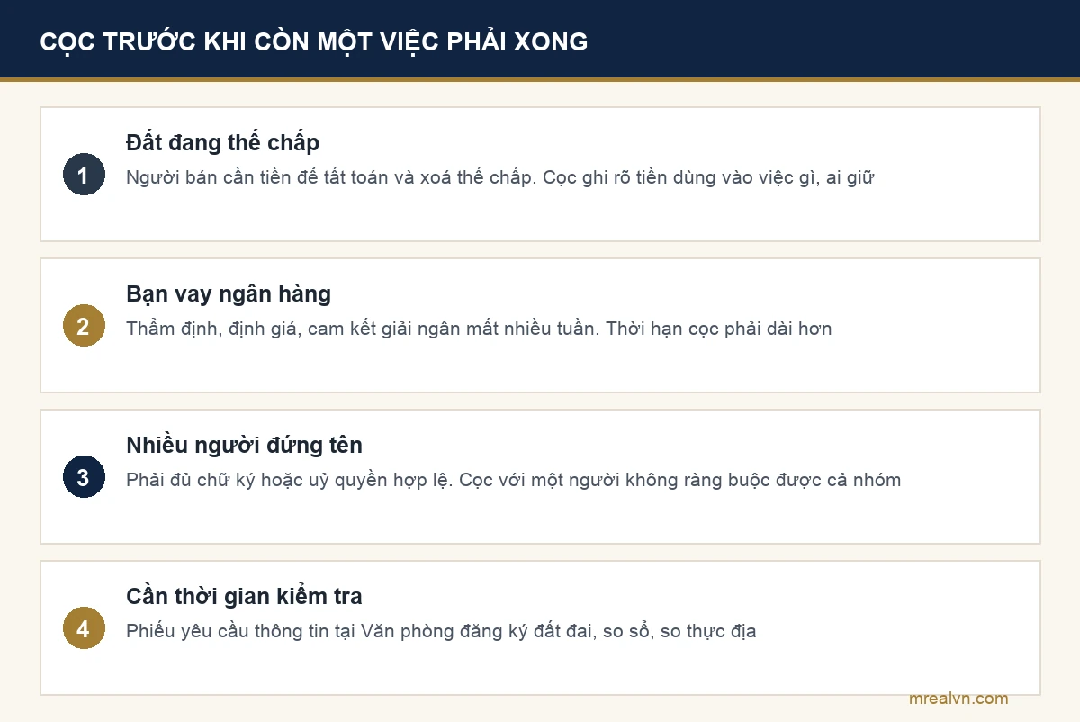 Bốn tình huống nên đặt cọc trước: đất đang thế chấp, vay ngân hàng, nhiều người đứng tên, cần thời gian kiểm tra