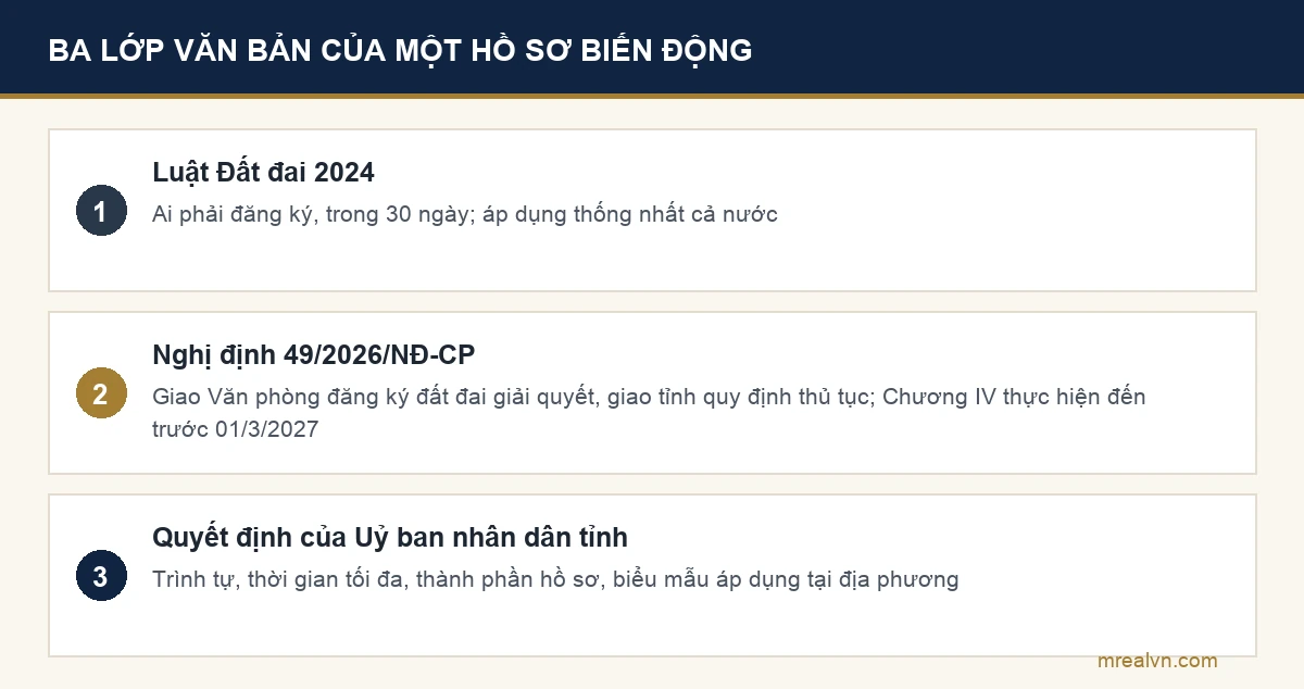 Ba lớp văn bản quyết định thủ tục đăng ký biến động đất đai năm 2026: Luật Đất đai, Nghị định 49/2026 và quyết định của tỉnh