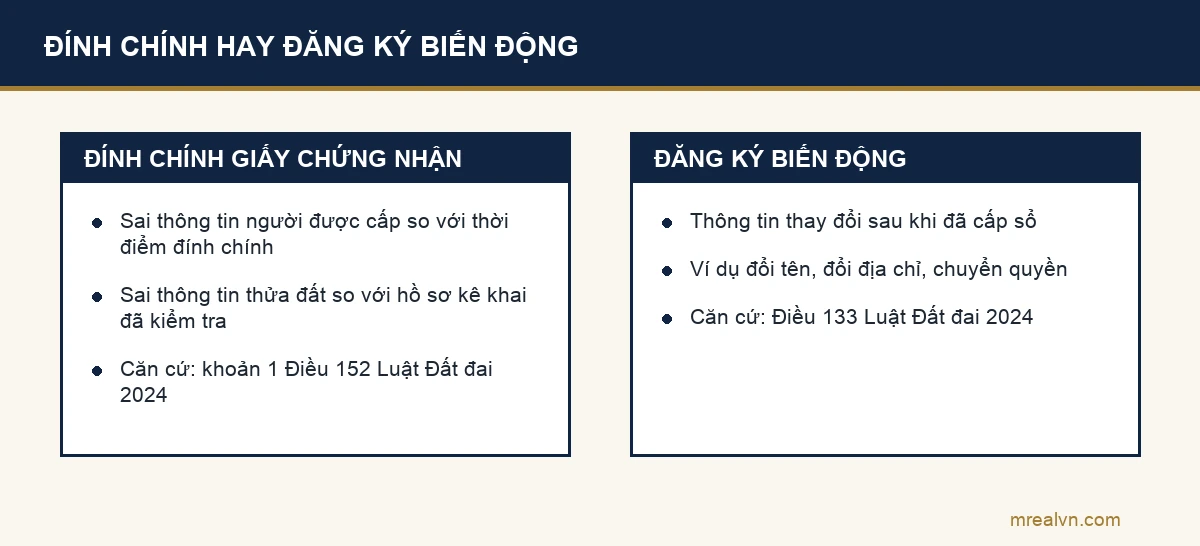 Phân biệt đính chính giấy chứng nhận và đăng ký biến động theo Điều 152 và Điều 133 Luật Đất đai 2024