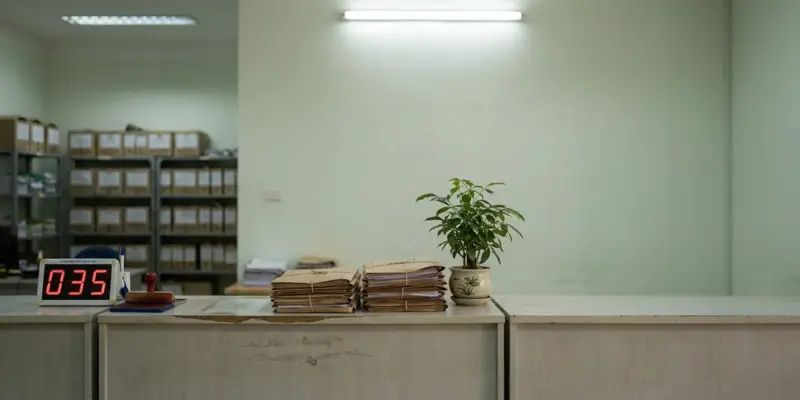 Ảnh minh hoạ quầy tiếp nhận hồ sơ đất đai với chồng hồ sơ và bảng số thứ tự, không có người