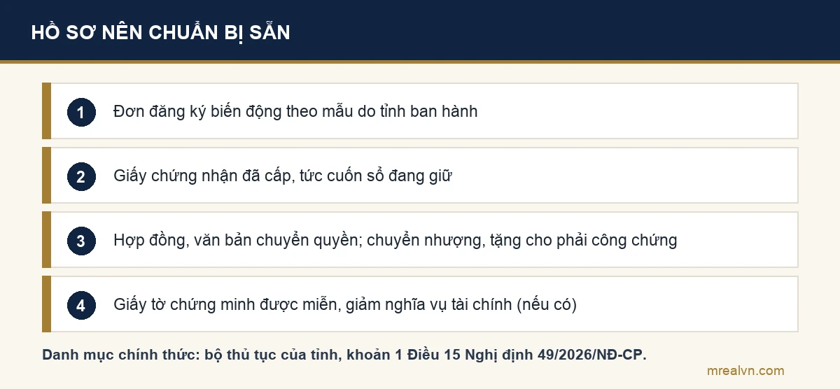 Các nhóm giấy tờ nên chuẩn bị cho hồ sơ đăng ký biến động đất đai, danh mục chính thức theo bộ thủ tục của tỉnh
