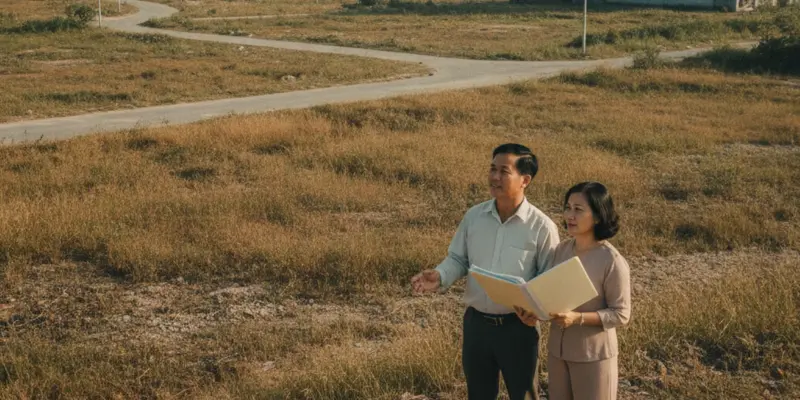 Người mua đứng xem một thửa đất trống ven đô, tay cầm hồ sơ giấy tờ nhà đất