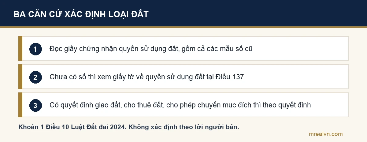 Ba căn cứ xác định loại đất theo khoản 1 Điều 10 Luật Đất đai 2024: giấy chứng nhận, giấy tờ tại Điều 137, quyết định của cơ quan nhà nước