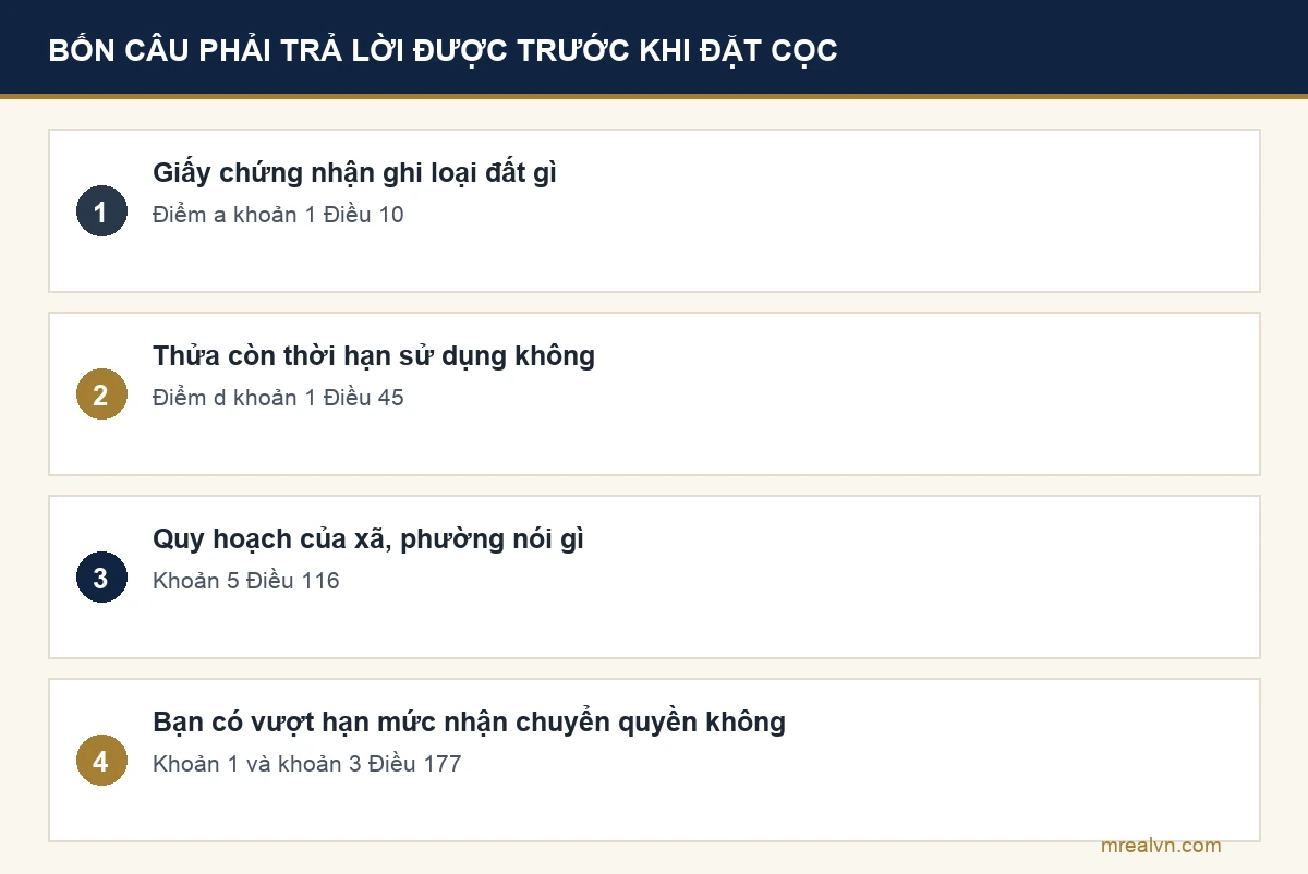 Bốn câu hỏi quan trọng nhất trước khi đặt cọc mua đất nông nghiệp, kèm căn cứ trong Luật Đất đai 2024