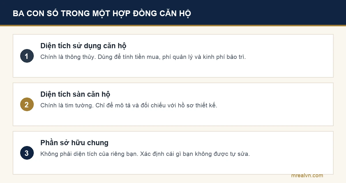 Ba con số diện tích trong hợp đồng mua bán căn hộ theo khoản 2 Điều 163 Luật Nhà ở 2023: diện tích sử dụng căn hộ, diện tích sàn căn hộ, phần sở hữu chung
