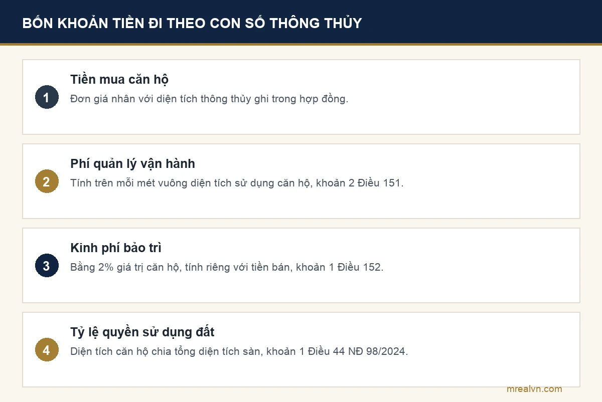 Bốn khoản tiền tính theo diện tích thông thủy: tiền mua căn hộ, phí quản lý vận hành theo khoản 2 Điều 151, kinh phí bảo trì hai phần trăm theo Điều 152, tỷ lệ quyền sử dụng đất chung