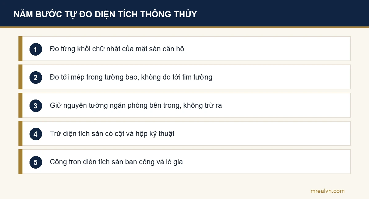 Năm bước tự đo diện tích thông thủy tại nhà theo công thức của Thông tư 03/2014/TT-BXD: đo từng khối chữ nhật, đo tới mép trong tường bao, giữ tường ngăn phòng, trừ cột và hộp kỹ thuật, cộng ban công và lô gia