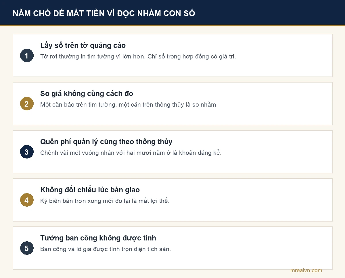 Năm lỗi thường gặp khi đọc con số diện tích căn hộ: lấy số trên tờ quảng cáo, so giá không cùng cách đo, quên phí quản lý, không đối chiếu lúc bàn giao, tưởng ban công không được tính