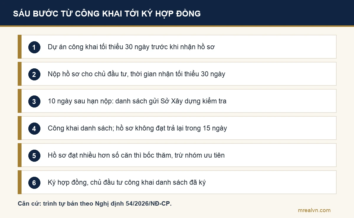 Sáu bước bán nhà ở xã hội từ công khai dự án, nộp hồ sơ, bốc thăm tới ký hợp đồng theo Nghị định 54/2026