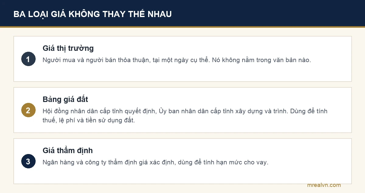 Sơ đồ ba loại giá nhà đất: giá thị trường, bảng giá đất và giá thẩm định của ngân hàng