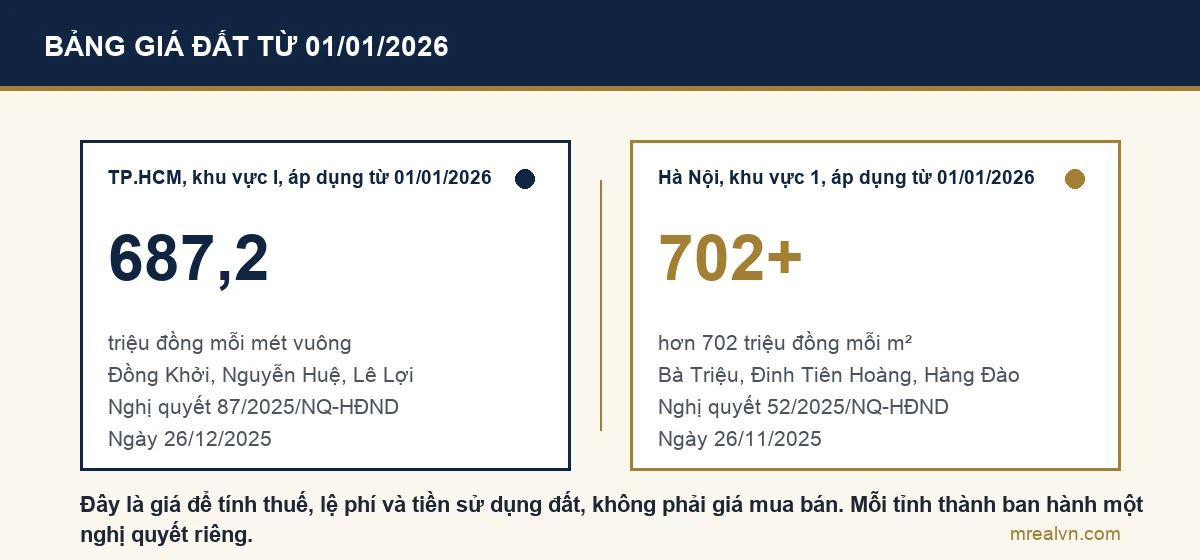 Bảng so sánh giá đất ở cao nhất theo bảng giá đất TP.HCM và Hà Nội áp dụng từ ngày 01/01/2026