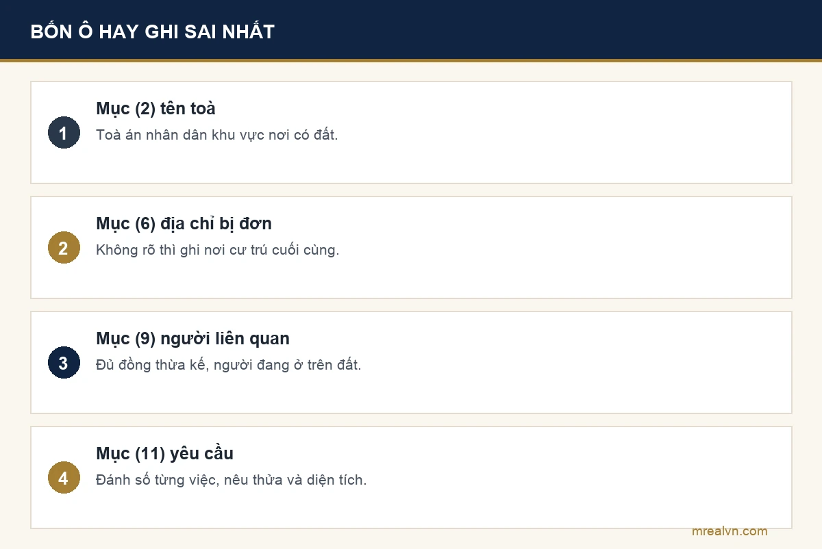 Bốn mục hay ghi sai nhất trong Mẫu số 23-DS đơn khởi kiện: mục 2 tên toà, mục 6 địa chỉ người bị kiện, mục 9 người có quyền lợi liên quan, mục 11 yêu cầu toà giải quyết
