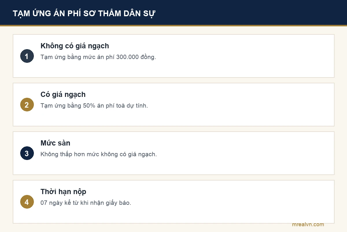 Cách tính tạm ứng án phí sơ thẩm theo khoản 2 Điều 7 Nghị quyết 326/2016/UBTVQH14: vụ không có giá ngạch tạm ứng 300.000 đồng, vụ có giá ngạch tạm ứng bằng 50% án phí dự tính, nộp biên lai trong 07 ngày