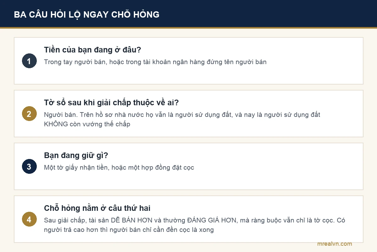 Sơ đồ ba câu hỏi cho thấy vì sao đưa tiền cho bên bán tự giải chấp là sai
