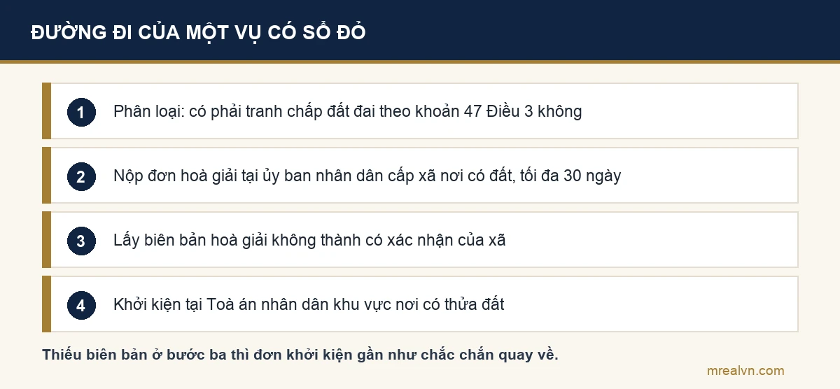 Bốn bước của một vụ tranh chấp đất đai đã có sổ đỏ: phân loại vụ việc, nộp đơn hoà giải tại ủy ban nhân dân cấp xã trong tối đa 30 ngày, lấy biên bản hoà giải không thành, rồi khởi kiện tại toà án nhân dân khu vực nơi có đất