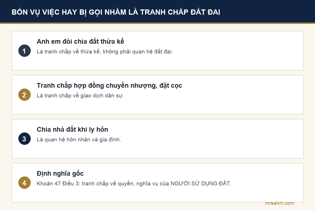Bốn loại vụ việc thường bị gọi nhầm là tranh chấp đất đai nên không bắt buộc hoà giải tại ủy ban nhân dân cấp xã: tranh chấp thừa kế, tranh chấp hợp đồng chuyển nhượng, chia tài sản chung vợ chồng, và đòi nợ có thế chấp đất