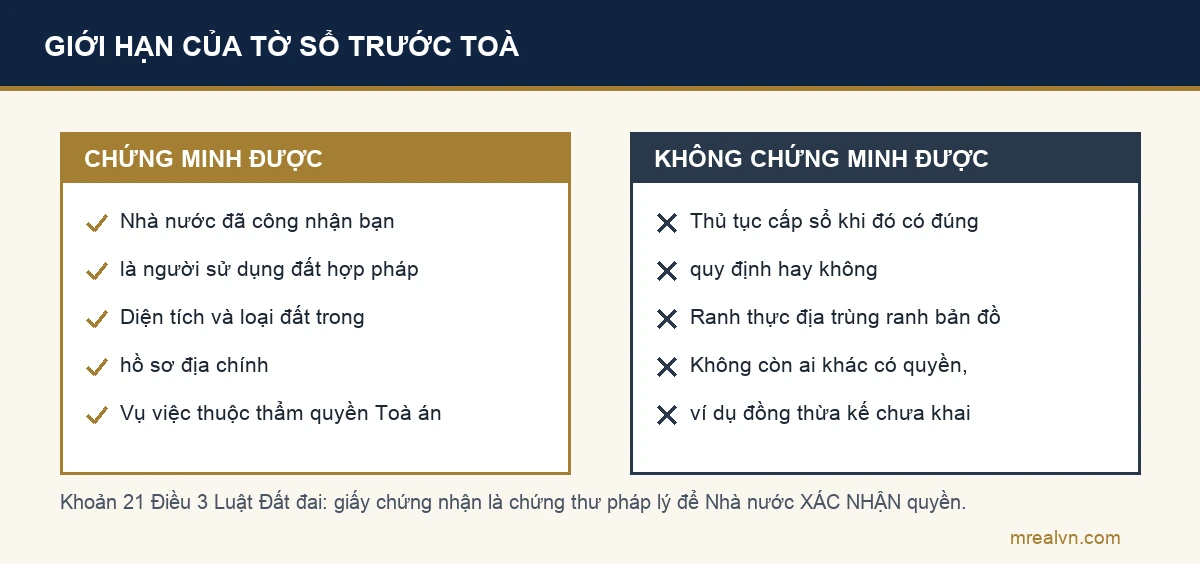 Hai cột so sánh những điều sổ đỏ chứng minh được và những điều sổ đỏ không chứng minh được khi ra toà, dựa trên định nghĩa giấy chứng nhận là chứng thư pháp lý tại khoản 21 Điều 3 Luật Đất đai