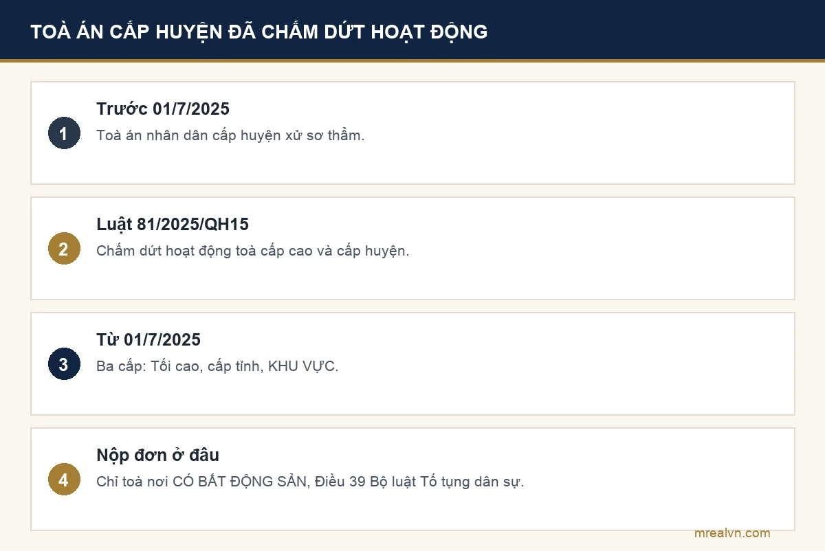 Thay đổi hệ thống toà án từ ngày 01 tháng 7 năm 2025: Luật số 81/2025/QH15 chấm dứt hoạt động của toà án nhân dân cấp cao và cấp huyện, tổ chức lại thành ba cấp tối cao, cấp tỉnh và khu vực, và đơn khởi kiện về bất động sản nộp tại toà nơi có đất