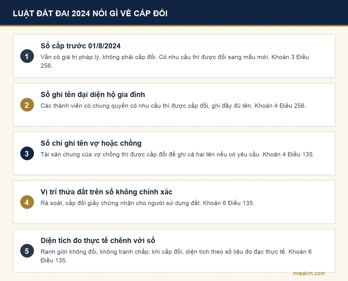 Sơ đồ các trường hợp cấp đổi giấy chứng nhận nêu trong Luật Đất đai 2024: khoản 3, khoản 4 Điều 256 và khoản 4, khoản 6 Điều 135