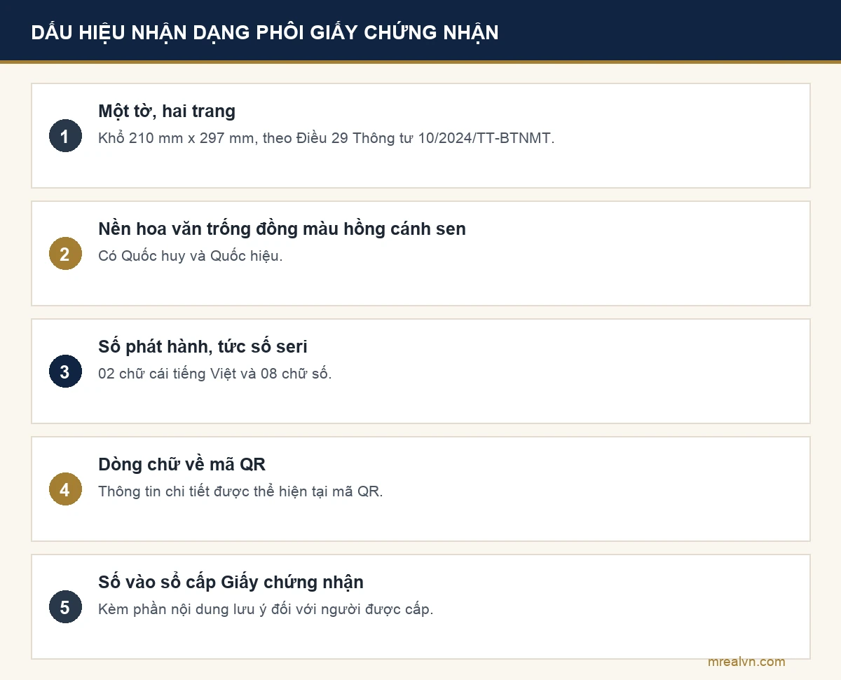 Sơ đồ năm dấu hiệu nhận dạng phôi giấy chứng nhận quyền sử dụng đất theo Điều 29 Thông tư 10/2024/TT-BTNMT